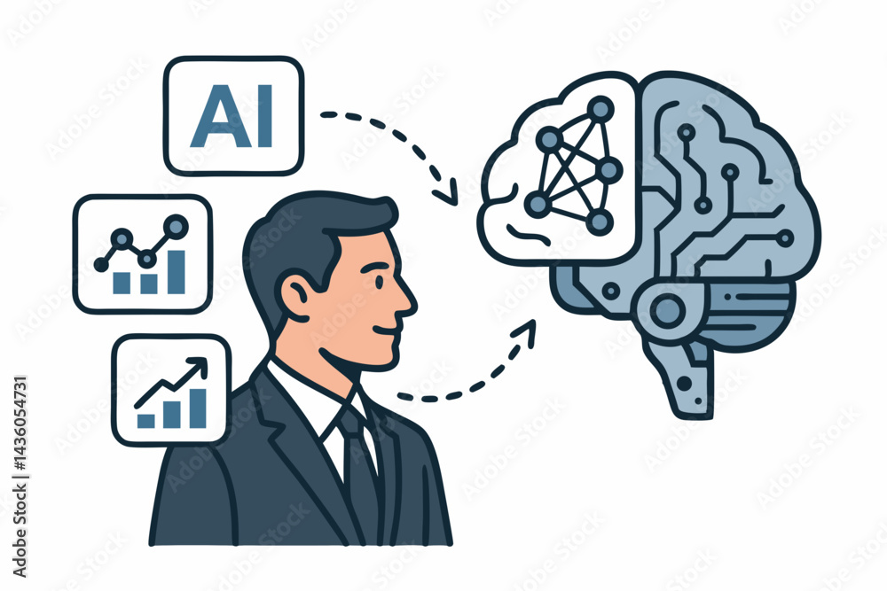 Conceptual vector illustration of AI integration in business workflow. Businessman profile linked to artificial intelligence brain, neural network, and data growth charts. Conceptual vector illustration of AI integration in business workflow. Businessman profile linked to artificial intelligence brain, neural network, and data growth charts.