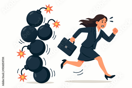 Panicked businesswoman running frantically, escaping a looming stack of lit bombs representing overwhelming business risk, imminent danger, crisis, and deadline pressure.