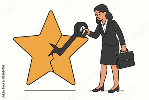 Reputation management vector illustration. Businesswoman in suit uses key to fix cracked star rating, symbolizing brand repair, crisis recovery, and rebuilding business trust and image.