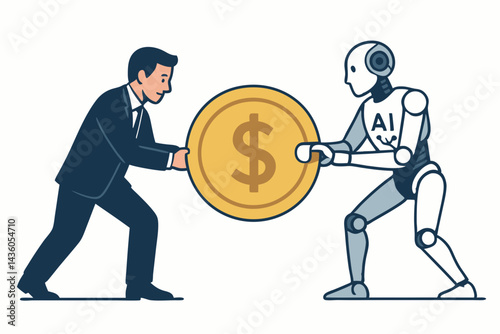 Businessman and AI Robot Collaborate Holding Large Dollar Coin: Concept of Financial Partnership, Investment, Technology Integration, and Future Business Automation Vector