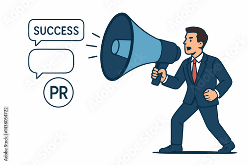 Energetic businessman amplifying success message and PR announcement with megaphone. Vector illustration for marketing communication, business promotion, leadership motivation concept.