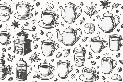 Hand-Drawn Coffee & Tea Seamless Pattern. Vintage Engraved Sketch Vector Illustration Background with Cups, Teapots, Beans, Leaves, Grinder, Lemon, and Anise Elements.