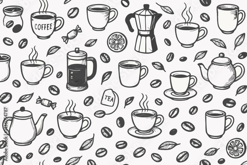 Vintage coffee and tea seamless pattern vector illustration. Hand-drawn sketch background with cups, mugs, teapots, coffee beans, leaves, lemon for cafe menu or wallpaper.