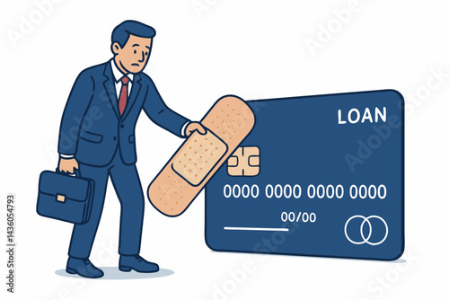 Financial first aid concept: Worried businessman puts a bandage on a giant loan credit card representing debt problems, credit score repair, financial assistance, and quick fixes. Vector.