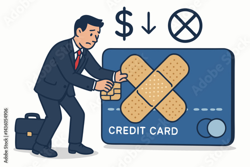 Businessman struggles with financial recovery, attempting to fix a blocked or damaged credit card with bandages. Metaphor for debt crisis, credit score repair, and economic recession.