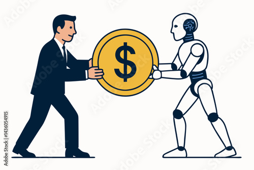 Businessman and AI Robot Collaborating, Holding Large Dollar Coin Together, Symbolizing Financial Partnership, Investment Synergy, and Future Technology in Business Vector Illustration