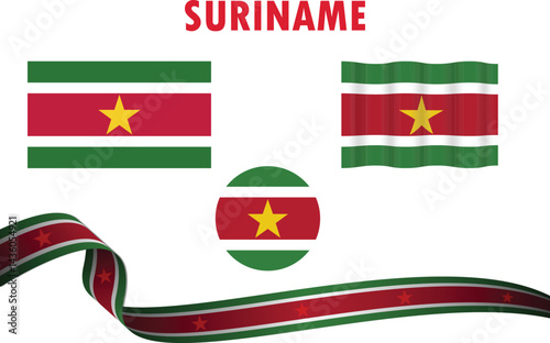 Suriname Flag and Map Vector Set – Waving Flag, Round Badge & Detailed Country Outline