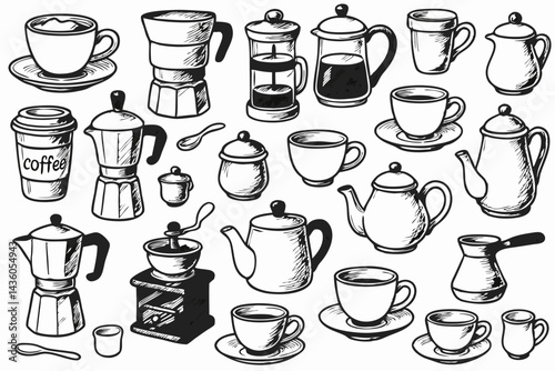 Sketch Style Coffee and Tea Doodle Collection: Hand Drawn Vector Illustrations of Cups, Teapots, Moka Pot, French Press, Grinder, and Mugs for Beverage & Cafe Design.