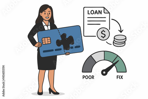Financial advisor helps fix poor credit score. Businesswoman holds credit card puzzle piece, meter shows improvement for loan approval and financial health recovery. Vector illustration concept.
