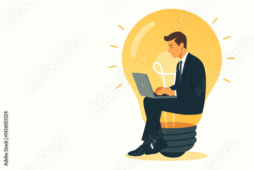 Creative entrepreneur working on a laptop while sitting inside a glowing lightbulb. Business concept illustration for innovation, bright ideas, brainstorming, and digital solutions.