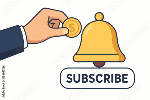 Paying for subscription service concept with hand putting coin into notification bell. Vector graphic for monetization, membership fees, online business, and financial transactions.