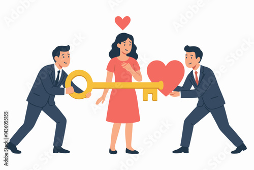Vector illustration showing two men in suits offering a large golden key and a red heart to a woman, representing the concept of unlocking love, romance, courtship, and winning affection.