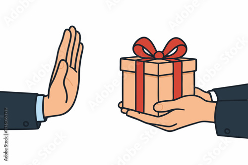 Refusing a gift offer vector concept, businessman hand gesturing stop to decline a present box, representing anti-corruption, ethical business standards, rejecting bribe illustration.