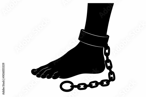 Silhouette of a chained ankle and foot vector graphic illustration. Stark black and white symbol representing imprisonment, bondage, slavery, lack of liberty, restraint, and human rights violations.