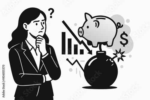 Economic crisis vector concept. Concerned businesswoman analyzes financial risk shown by piggy bank on a bomb and declining bar chart. Metaphor for recession, investment danger, savings threat.