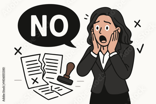 Business contract rejection vector. Stressed and shocked businesswoman facing failed deal, denial, termination, refusal symbolized by torn document, 'NO' speech bubble, stamp.