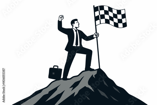Vector illustration of a successful businessman conquering a mountain summit, holding a checkered finish flag. Concept of achieving business goals, leadership, victory, and reaching the peak.