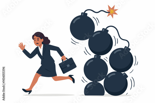 Panicked professional woman flees explosive deadline pressure and mounting debt represented by rolling bombs, illustrating business risk, crisis aversion, and corporate urgency vector.