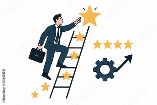 Ambitious businessman climbing the corporate ladder towards a shining star, symbolizing career growth, success, goal achievement, performance improvement, and top ratings vector illustration.