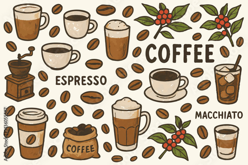 Hand-Drawn Coffee Illustration with Espresso, Macchiato, and Coffee Bean Accents, Perfect for Cafe Menus, Coffee Brands, and Themed Backgrounds, ideal for coffee lovers