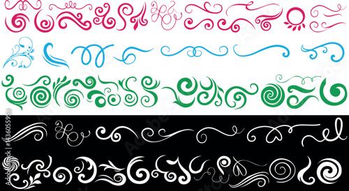 Swirl ornament, decorative flourish, and doodle element designs in colorful styles. Elegant vector curl, hand drawn swirl, floral embellishment, and vintage scroll artwork