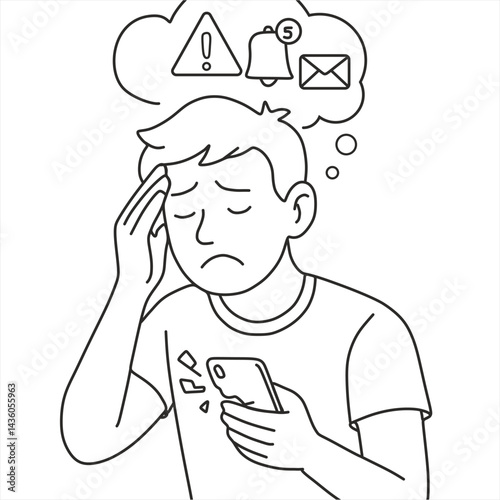 Overwhelmed Man with Smartphone Notifications — Digital Stress and Burnout Concept Illustration