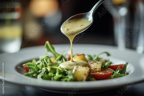 Caesar salad dressing pouring  onto Caesar salad dish in the restaurant.