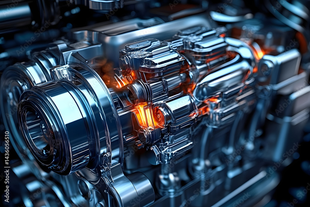 Fototapeta premium Detailed 3D rendering of a car internal combustion engine including power, ignition, cooling, lubrication and exhaust systems, crank and gas distribution mechanism