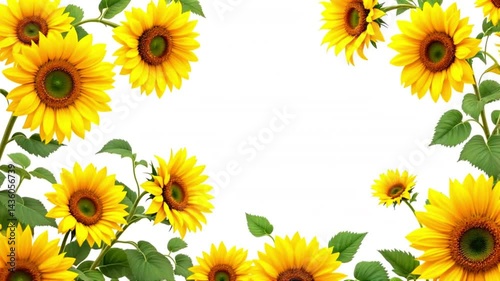 Bright yellow sunflowers frame with green leaves on a white background creates a cheerful border