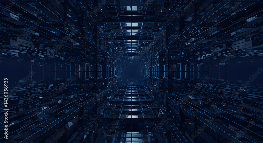 Obraz premium Endless Digital Corridor Showing Geometric Architecture in Dark Tones