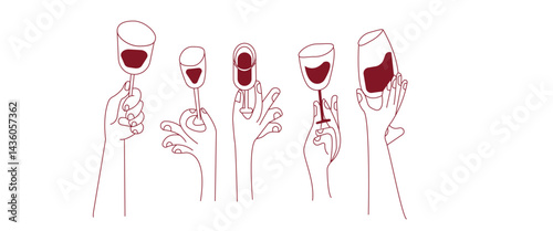 Transparent PNG available
Vector simple minimal linear style illustration with cartoon hands holding wine glasses, celebration and party vibe, invitation design 
