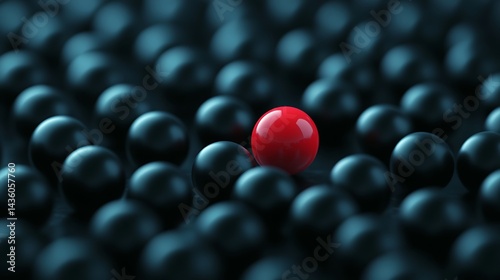 Closeup of Red Sphere Amidst Dark Blue Spheres with Selective Focus Surface