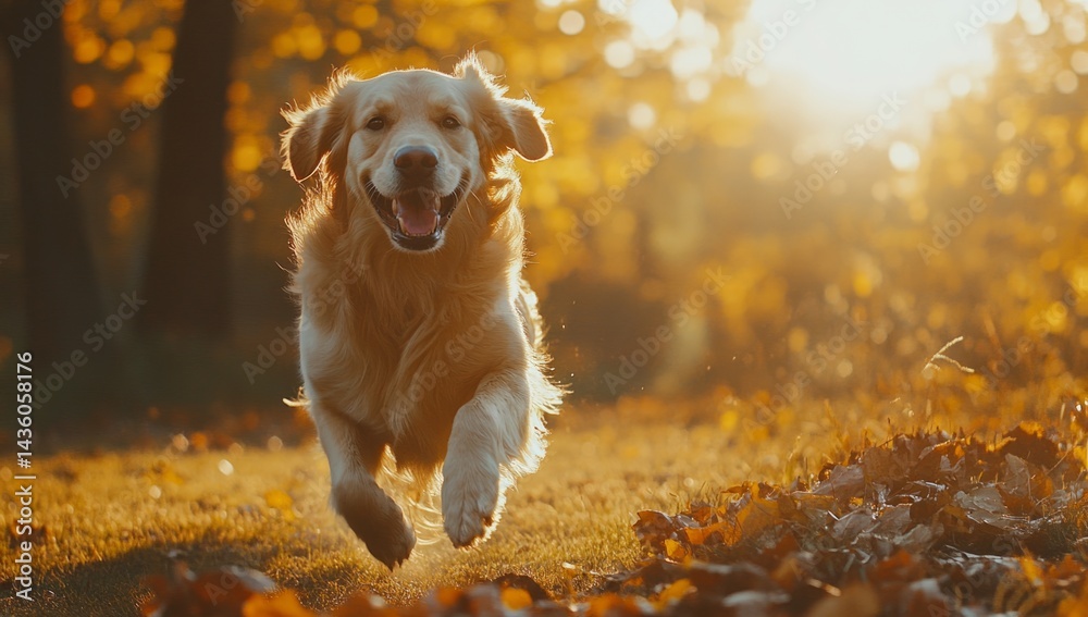 A cheerful Golden Retriever bounds through the park, surrounded by golden leaves. The warm light of sunset highlights the dog's joyful expression and energetic movement