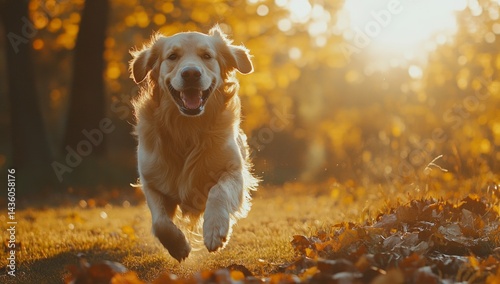 Obraz na płótnie A cheerful Golden Retriever bounds through the park, surrounded by golden leaves. The warm light of sunset highlights the dog's joyful expression and energetic movement w salonie