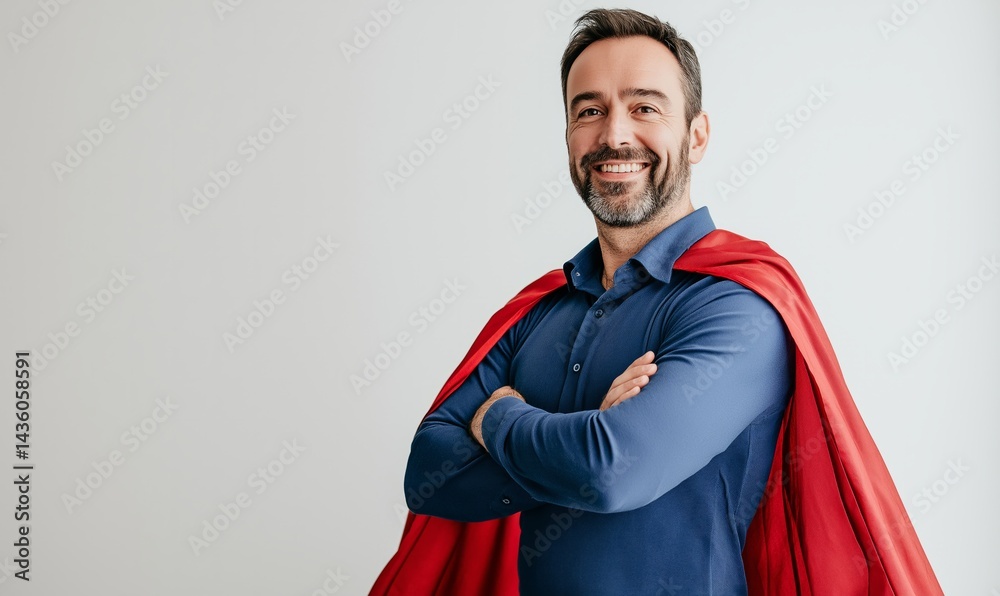 A cheerful male nurse stands confidently with arms crossed, sporting a blue shirt and a vibrant red cape. His joyful smile conveys pride and dedication to his role in healthcare