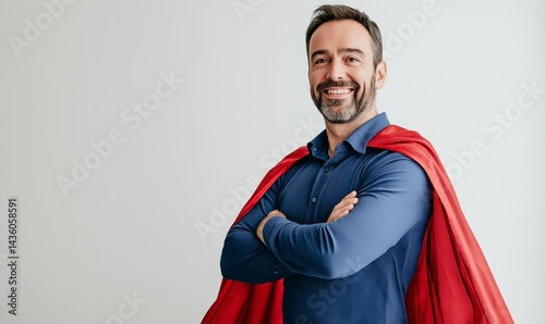 Obraz na płótnie A cheerful male nurse stands confidently with arms crossed, sporting a blue shirt and a vibrant red cape. His joyful smile conveys pride and dedication to his role in healthcare w salonie