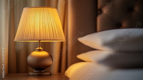 Wallpaper Mural Elegant bedside lamp illuminated beside soft pillows creating a cozy atmosphere Torontodigital.ca
