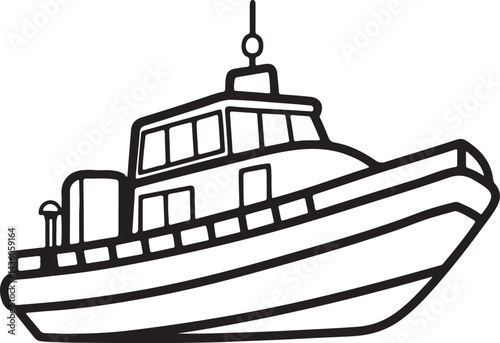 rescue boat line art, black outline, vector and illustration, coloring book page line art drawing
