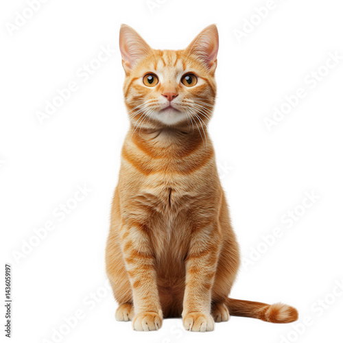 a portrait of a sitting orange tabby cat with bright eyes. showcasing its playful and curious demeanor against a clean white background  cat's distinct fur patterns and alert posture. making it ideal
