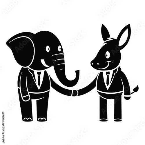 Minimalist Silhouette of Elephant and Donkey Handshake Representing Bipartisan Unity