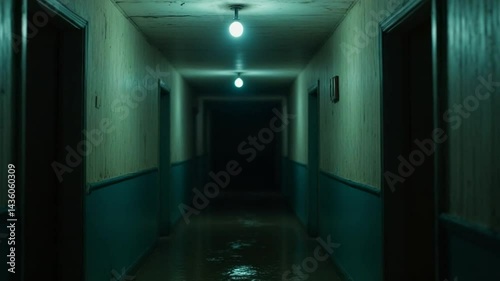 Dark and Creepy Hallway with Dimly Lit Light Fixtures at Night