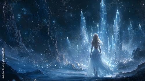 Ice-crystal city's ethereal glow, a woman's journey.