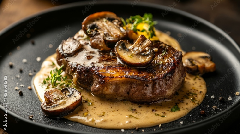 Succulent steak topped with sautéed mushrooms and rich, creamy sauce is beautifully arranged on a dark plate. The warm lighting enhances the dish's appetizing features