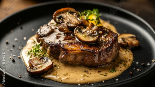 Obraz na płótnie Succulent steak topped with sautéed mushrooms and rich, creamy sauce is beautifully arranged on a dark plate. The warm lighting enhances the dish's appetizing features w salonie