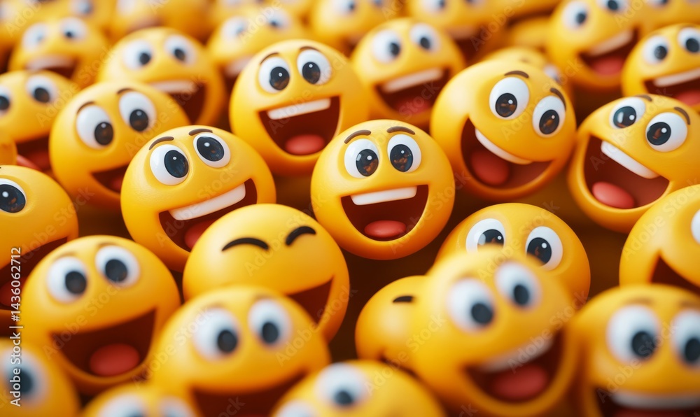 A vibrant collection of cheerful emoji faces fills the frame, showcasing various bright colors and lively expressions. Joy radiates from each smiling character, symbolizing community happiness
