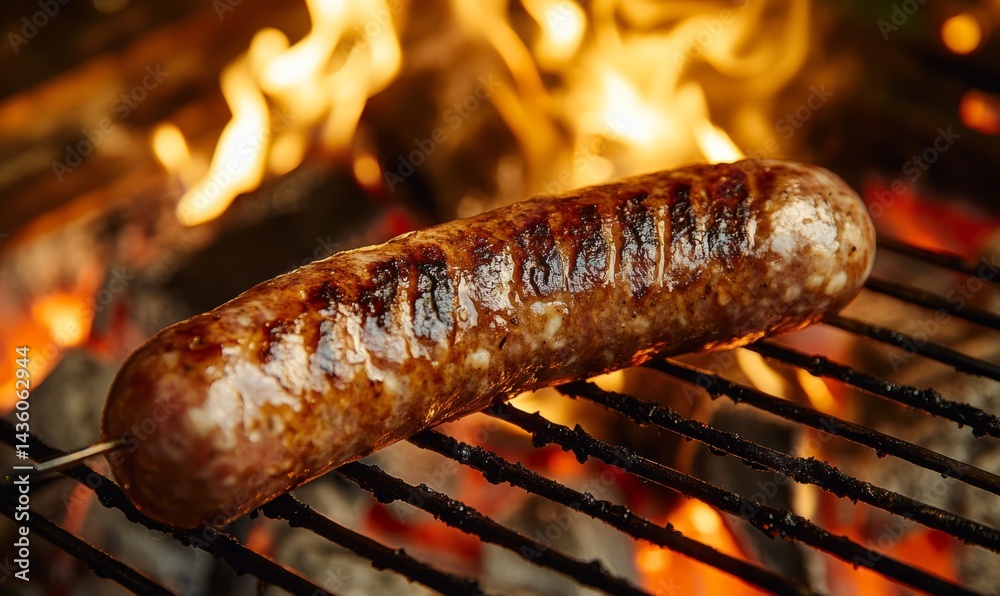 A large sausage on a stick is perfectly grilled over an open fire, showcasing its rich texture and grill marks. The warm light enhances its delicious appearance, ideal for outdoor gatherings