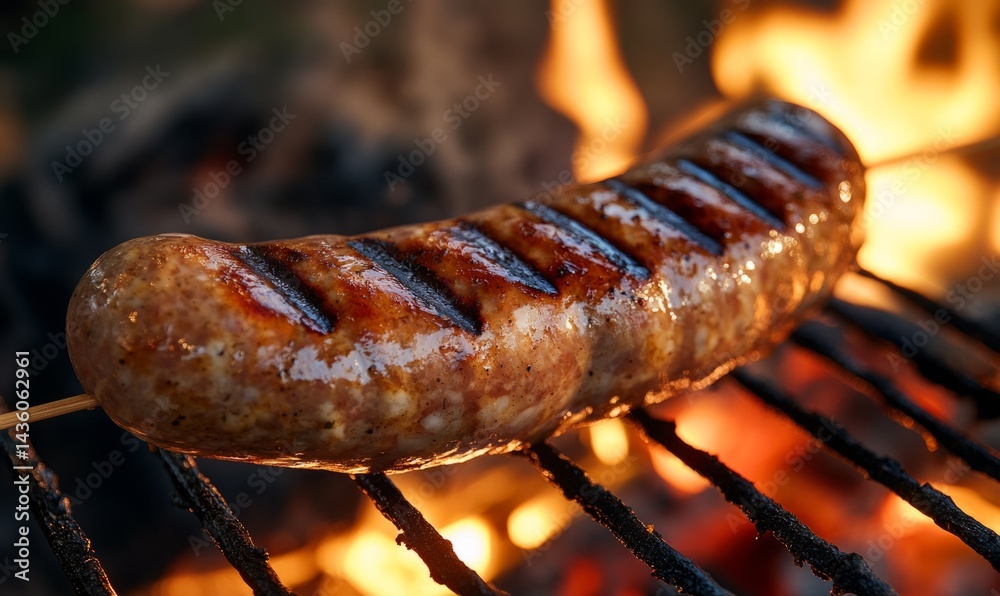 A large sausage sizzles on a stick above crackling coals, as flames dance around it. The warm light highlights the grill marks and mouthwatering texture, perfect for outdoor grilling
