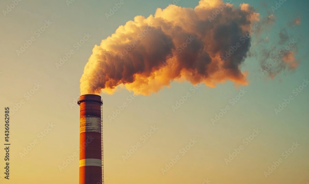 A large smokestack from a factory or power plant releases white clouds into the evening sky, contrasting with the warm colors of sunset and emphasizing air pollution issues