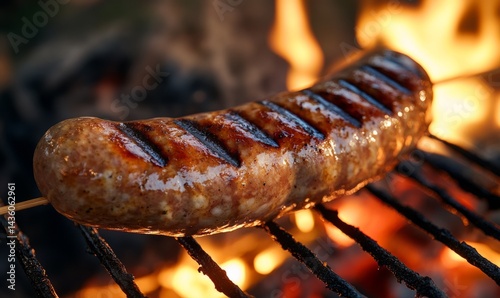 Obraz na płótnie A large sausage sizzles on a stick above crackling coals, as flames dance around it. The warm light highlights the grill marks and mouthwatering texture, perfect for outdoor grilling w salonie