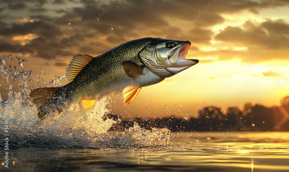 A large-mouth bass bursts out of the water, creating splashes, framed by a picturesque sunset. The vibrant sky adds warmth to this serene fishing environment, capturing a thrilling moment